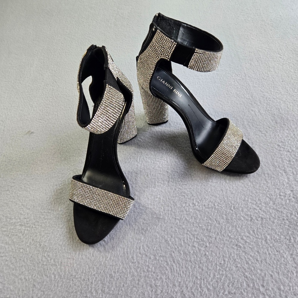 Gianni Bini Rhinestone Block Heel Sandals Womens 7.5M Black Silver Sparkle Zip
